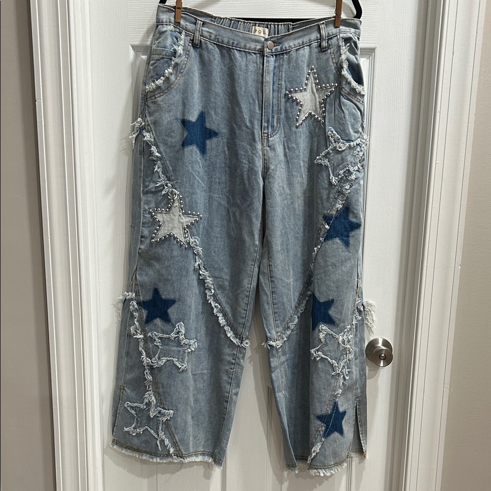 POL Blue Flare Wide Leg Jeans with Star Pattern
